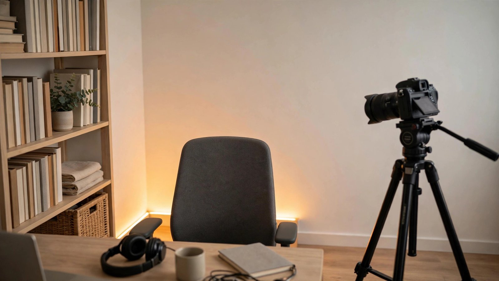 A tidy home recording corner with a plain wall backdrop, warm LED strip glow behind the chair, camera on tripod