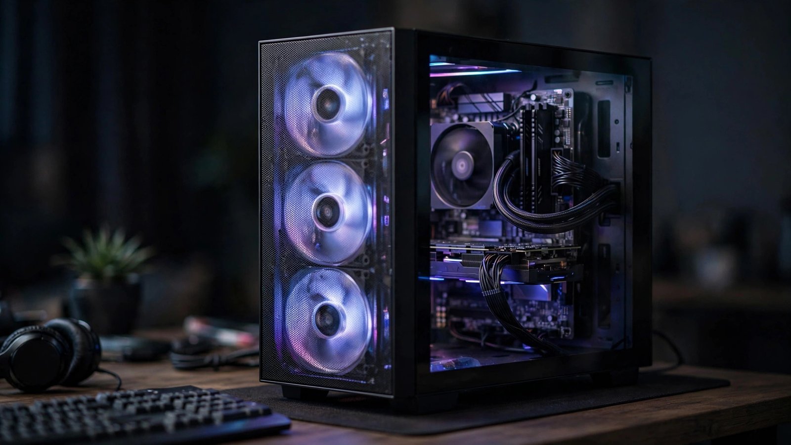 A mid-tower PC case with mesh front panel and spinning cooling fans glowing softly in a dim room