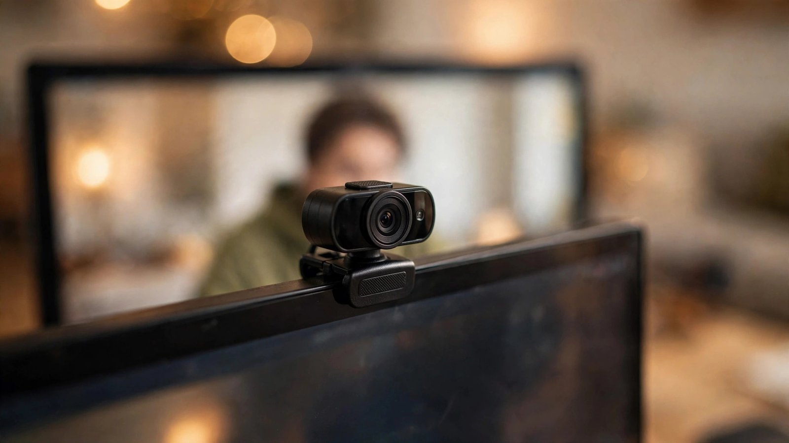 Close-up of a 1080p webcam clipped on top of a computer monitor during a video call