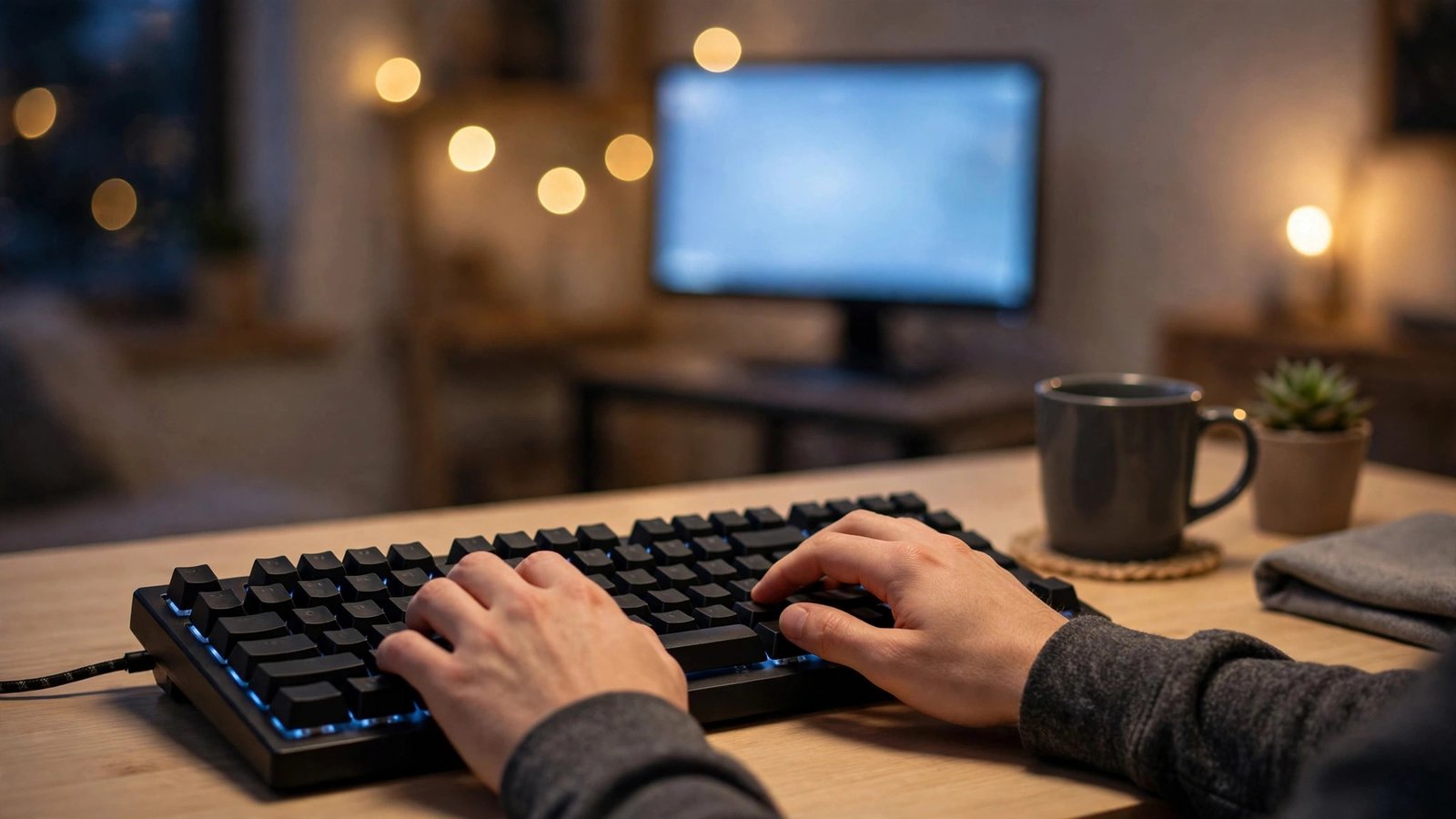 Hands typing on a backlit budget mechanical keyboard at a cozy desk with a glowing monitor behind