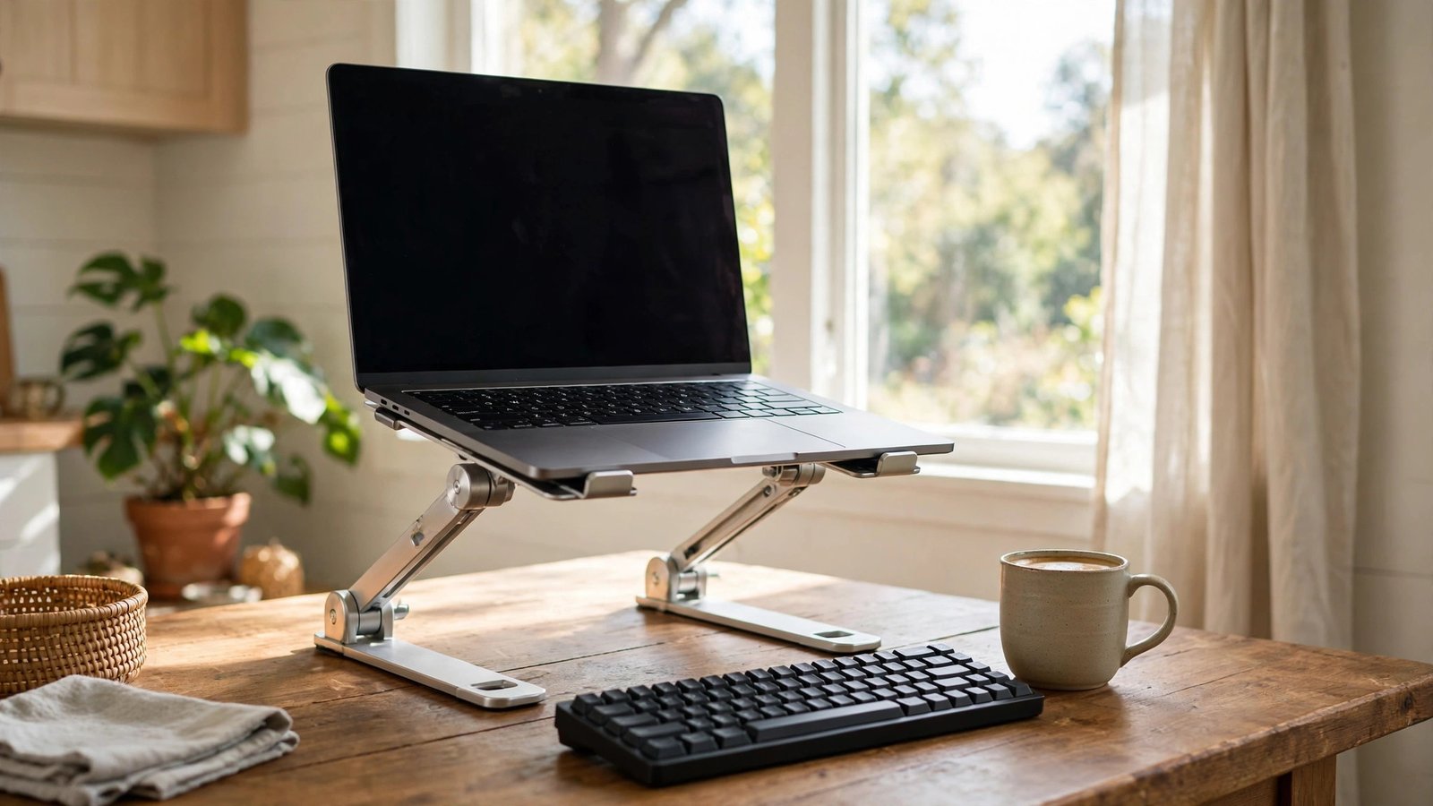 Laptop raised on an adjustable stand at eye level on a kitchen table with an external keyboard in front
