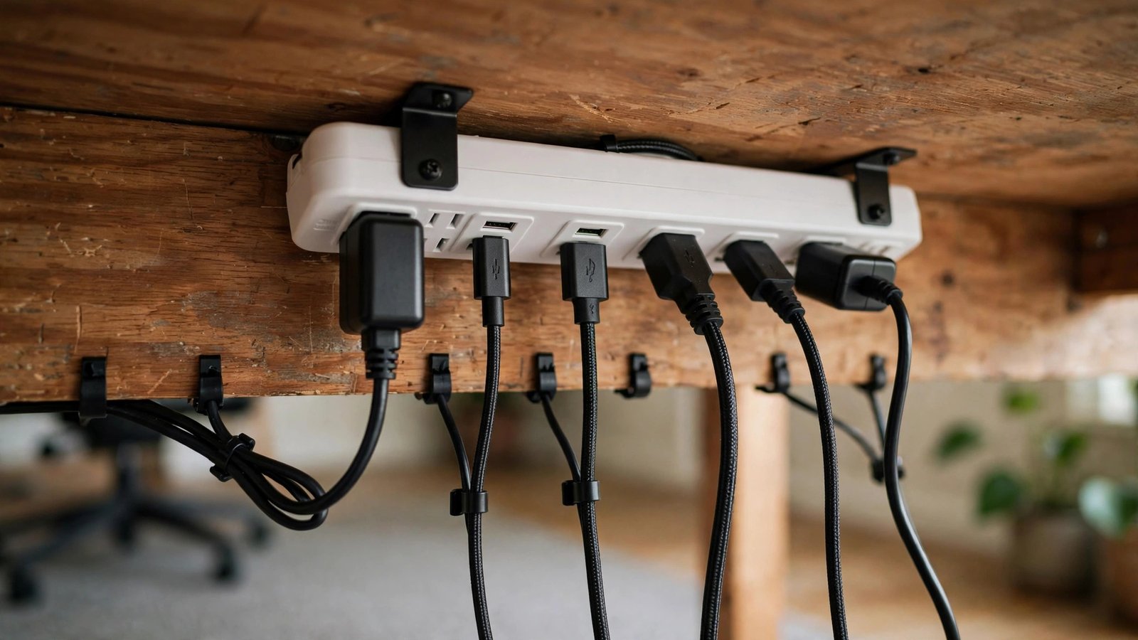 Surge protector power strip mounted under a desk with multiple plugs and USB charging cables
