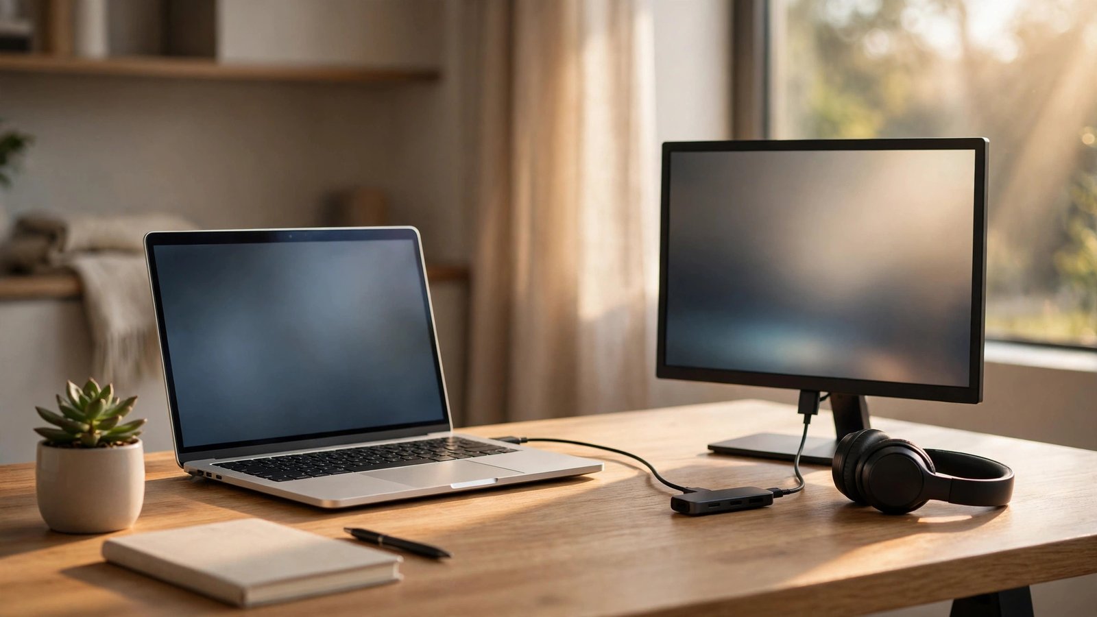 Tidy home office desk with a laptop connected by a single cable to a small USB-C hub