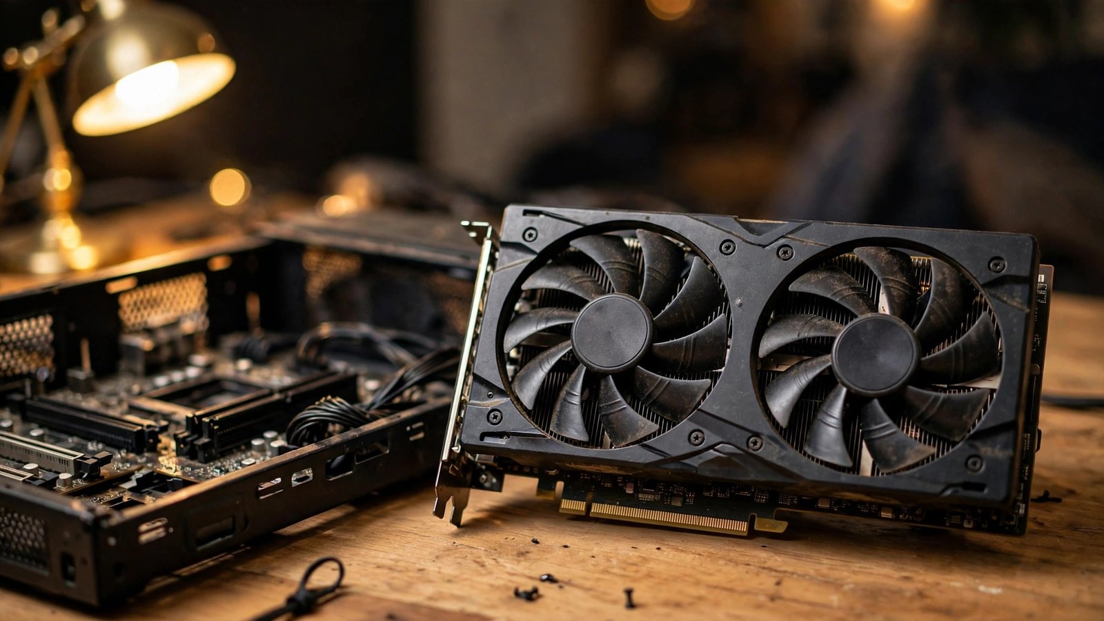 A used dual-fan graphics card resting on a wooden desk beside an open PC case in warm lamplight