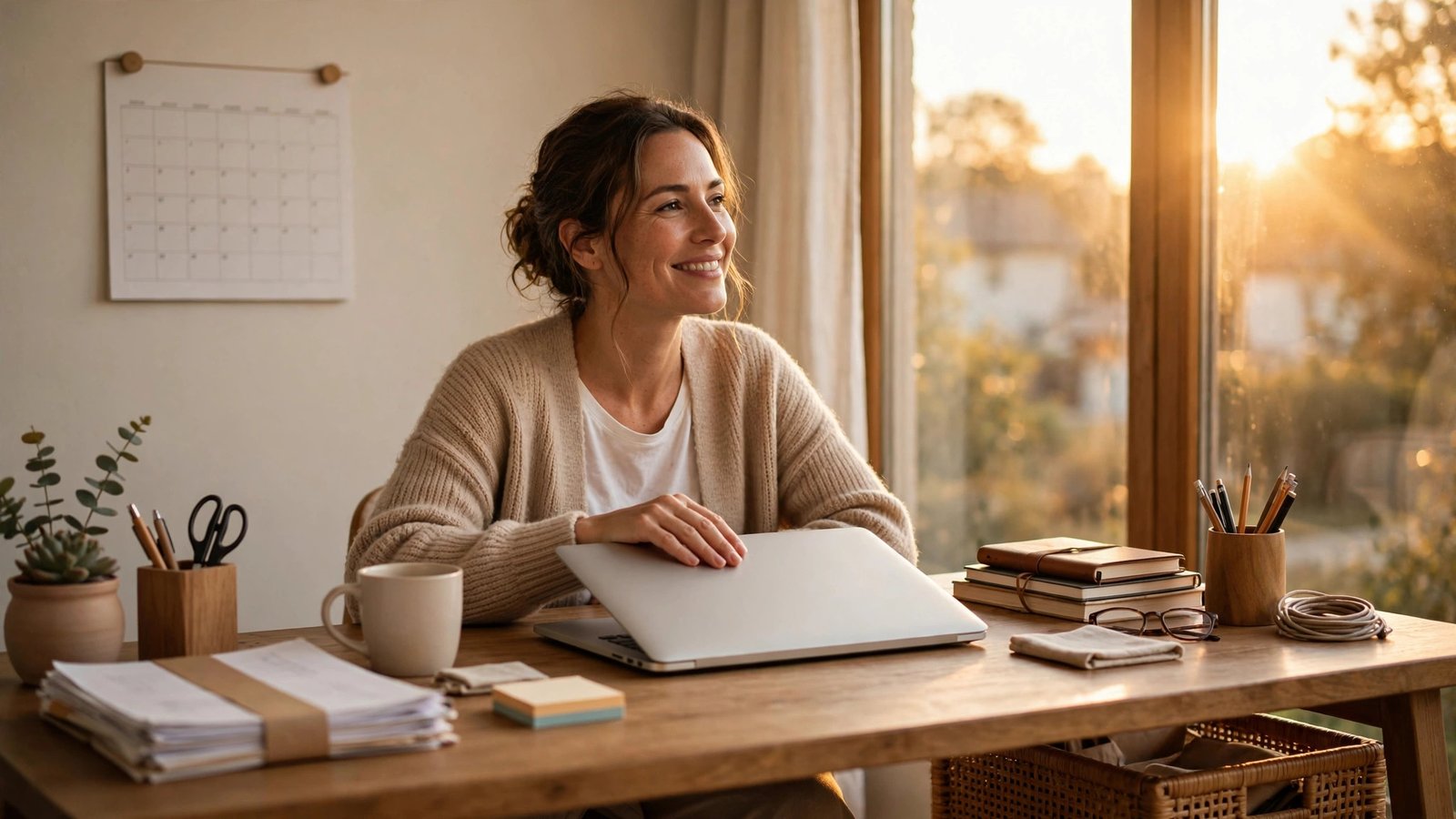 Person closing a laptop with satisfaction during a relaxed Friday afternoon desk tidy-up in warm golden light