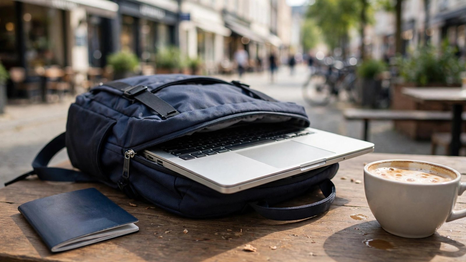 Ultralight thin laptop half-slipped into a travel backpack pocket on an outdoor cafe table, passport and coffee cup nearby