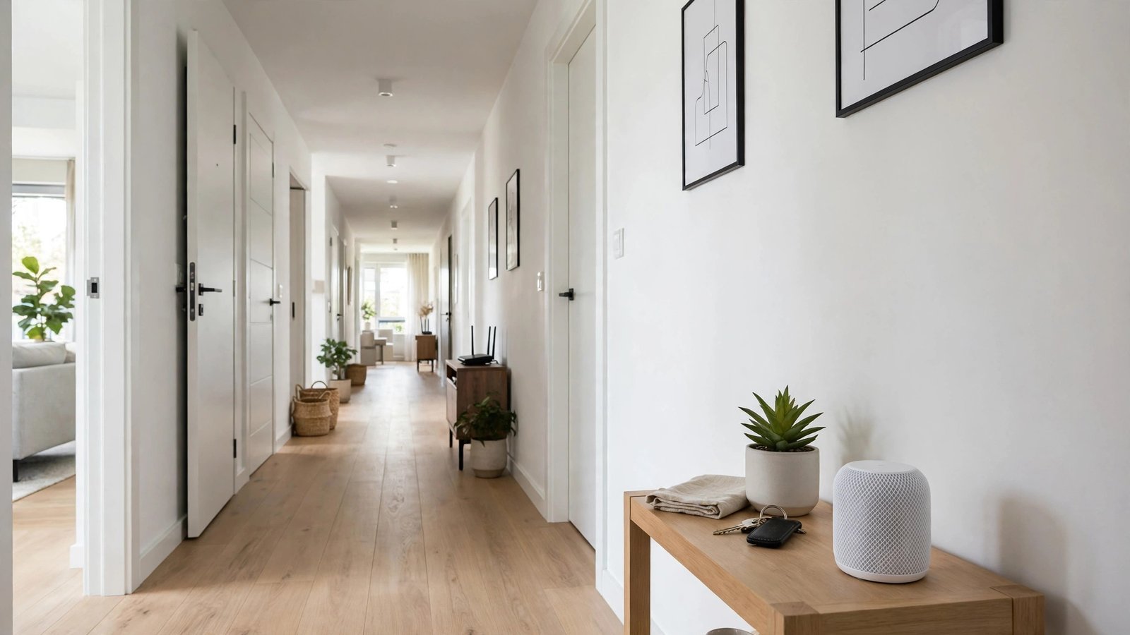Small white mesh WiFi node on a side table in a bright hallway, router visible in the distance, modern apartment interior