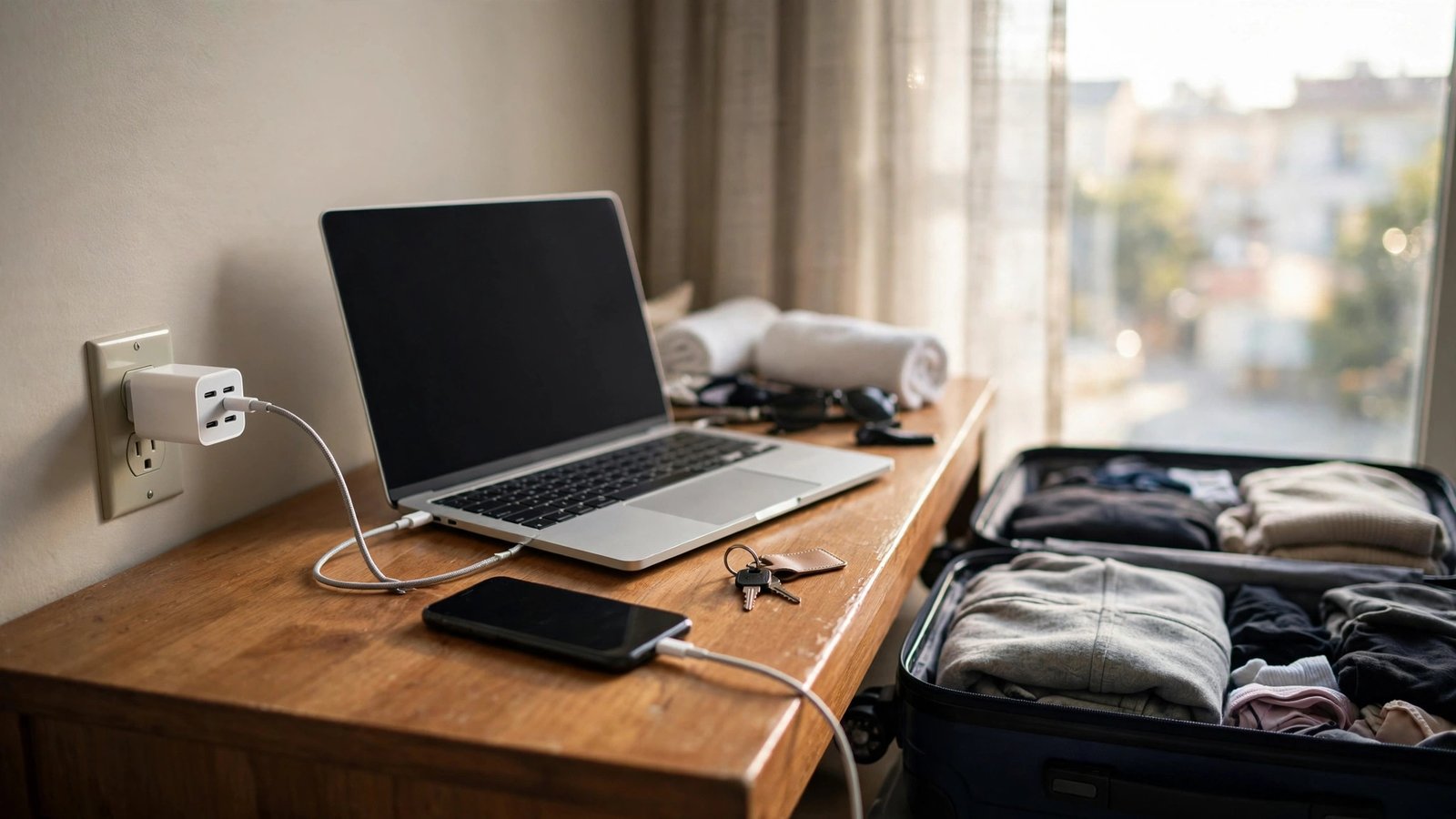 Compact white multi-port USB-C wall charger plugged into a hotel outlet, charging a laptop and smartphone on a desk beside a half-packed suitcase