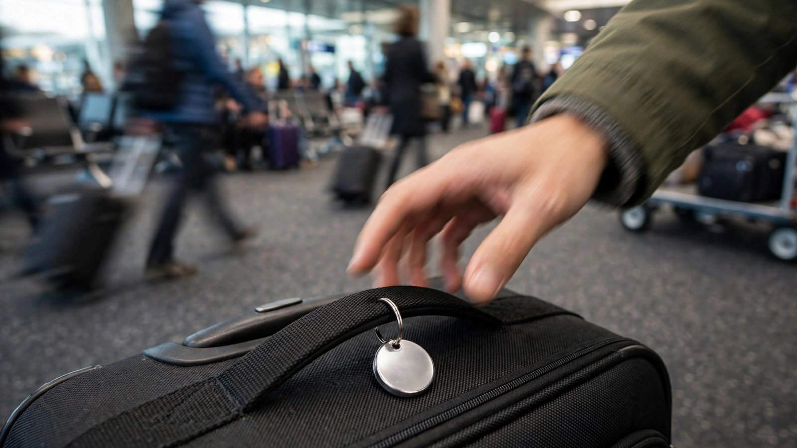 Small round silver luggage tracker tag on a suitcase handle in a busy airport baggage claim area