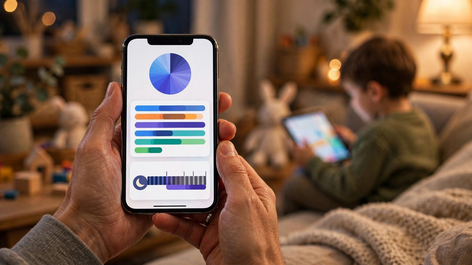 A parent's hands holding an iPhone showing a screen-time dashboard with app usage bars, a young child playing with an iPad blurred in the cozy living room background