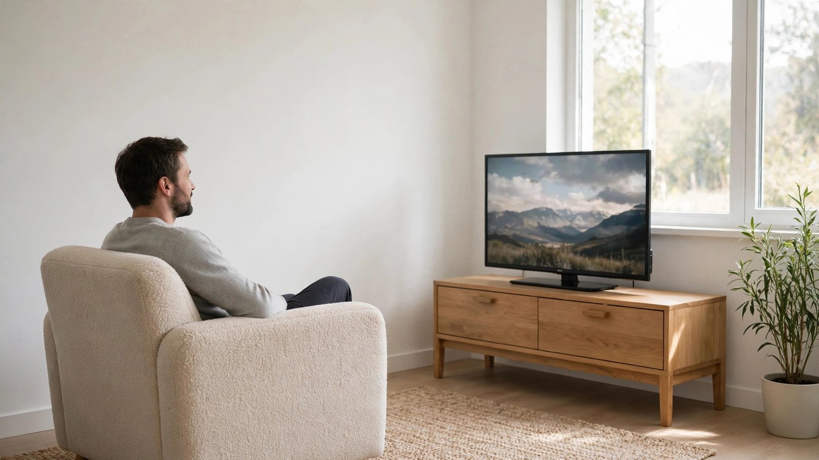 A minimalist living room with a modest TV on a wooden console, one person watching from an armchair in soft natural daylight