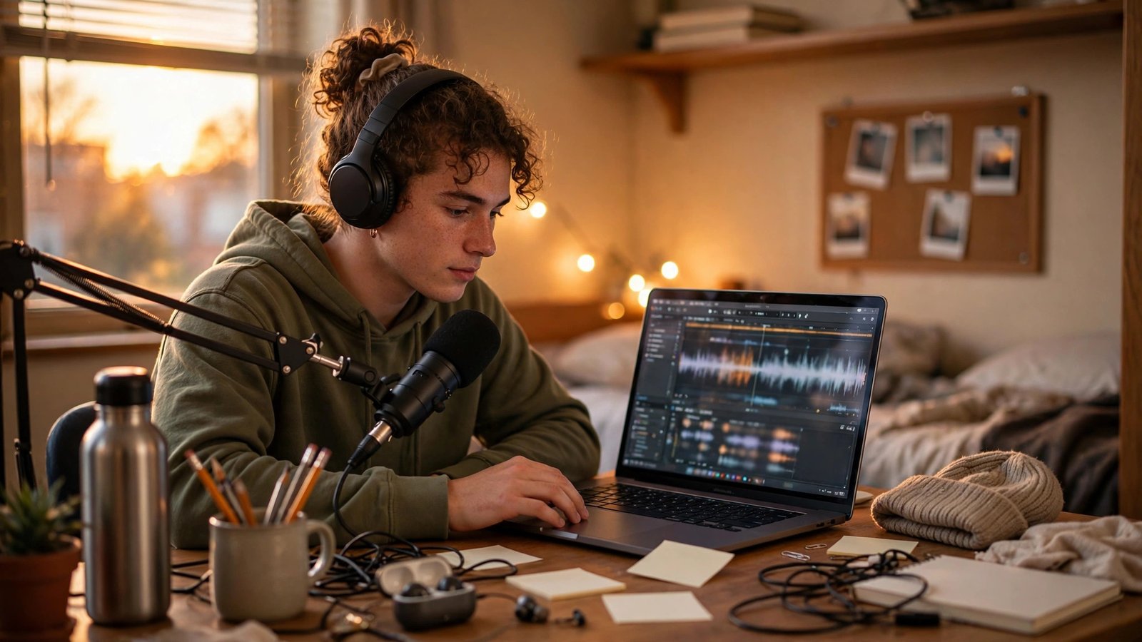 College student editing audio with headphones and a USB microphone on a dorm desk in warm evening light