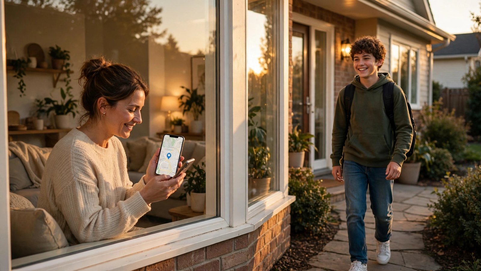 A smiling teenager walking up the front path of a suburban home with a backpack at golden hour while a parent inside glances at a smartphone showing a location alert