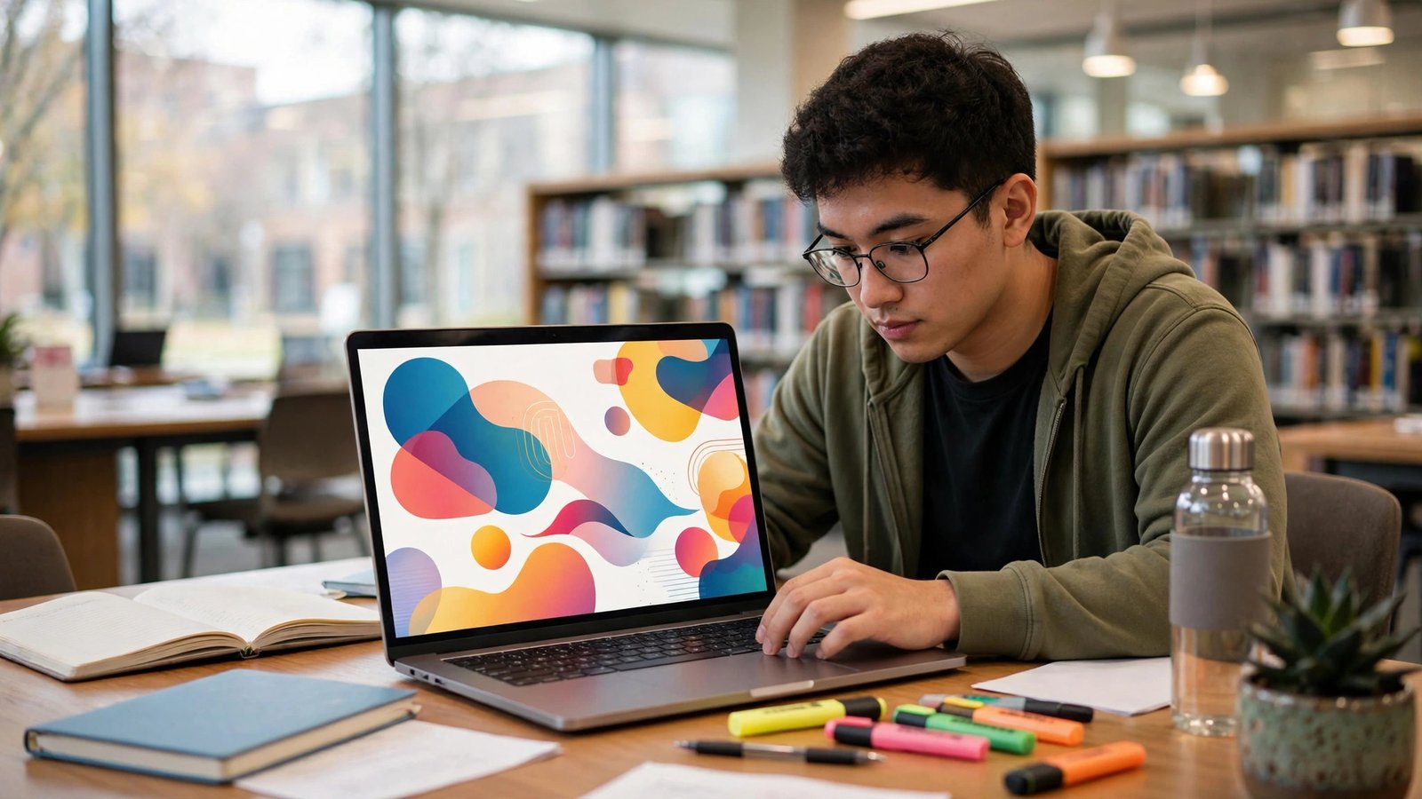 College student designing a vibrant slide presentation on a laptop in a bright campus library