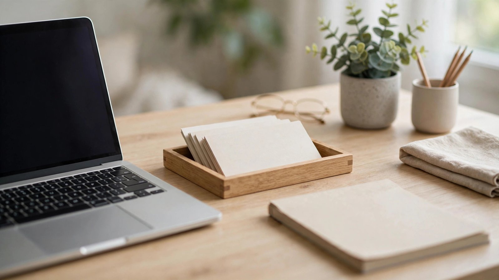 Organized home office desk with a laptop and a wooden tray holding neat task cards beside a notepad