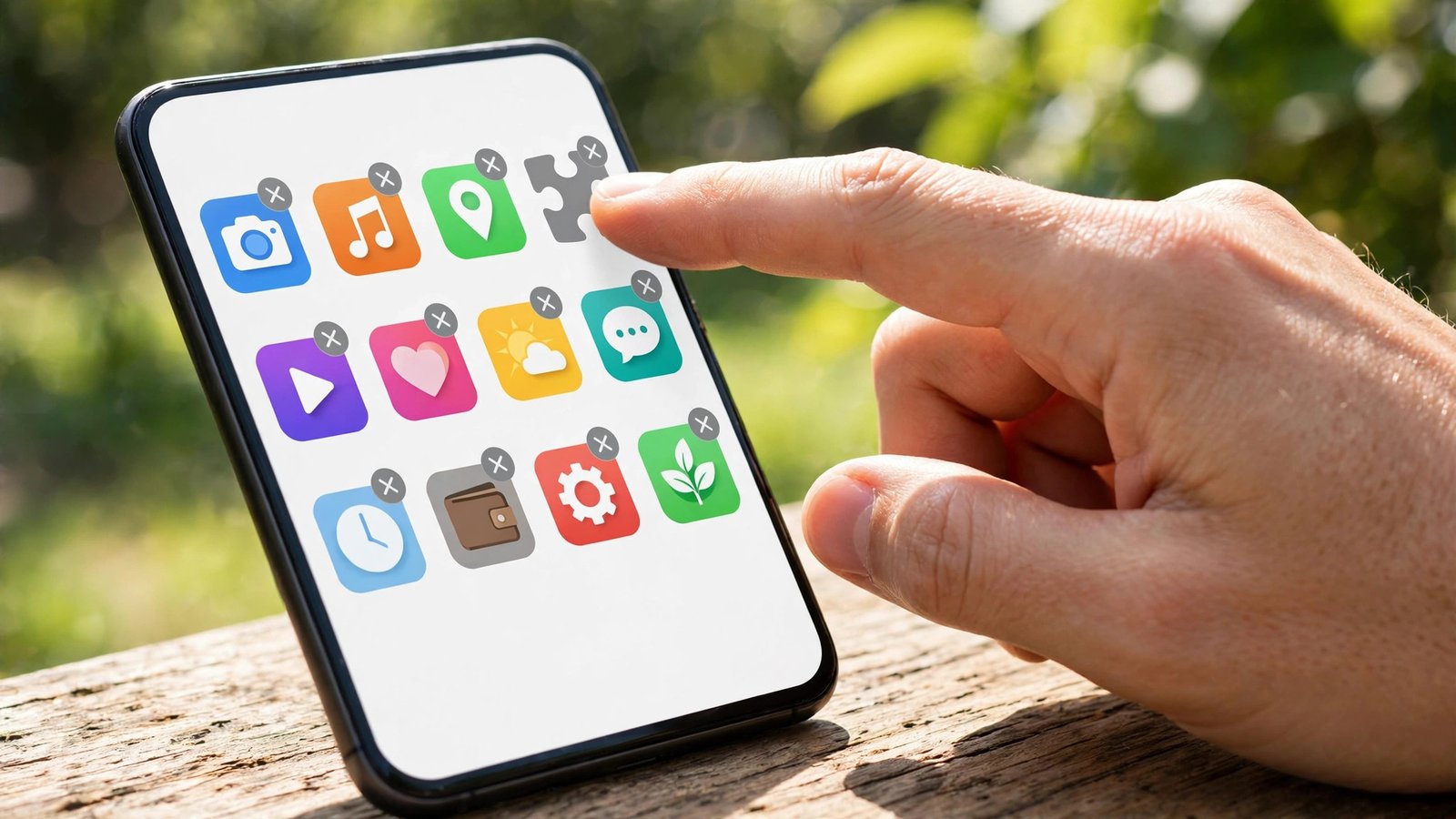 Hand deleting unused apps from a smartphone home screen in bright daylight