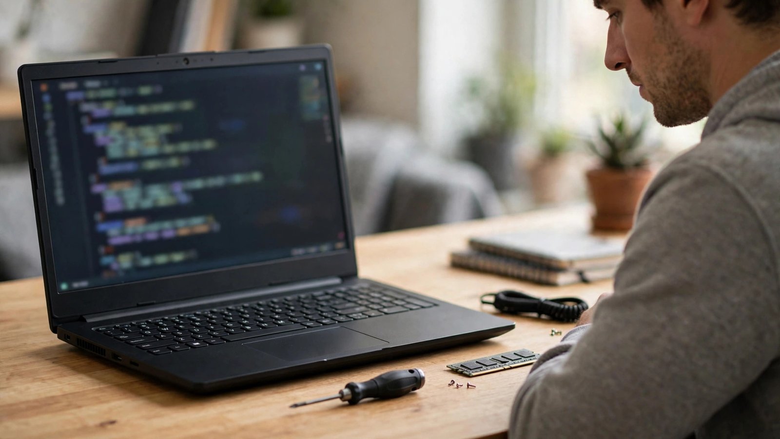 Sturdy black 15-inch laptop with code on screen on a desk, freelancer working beside it, small screwdriver and memory module suggesting easy upgrades
