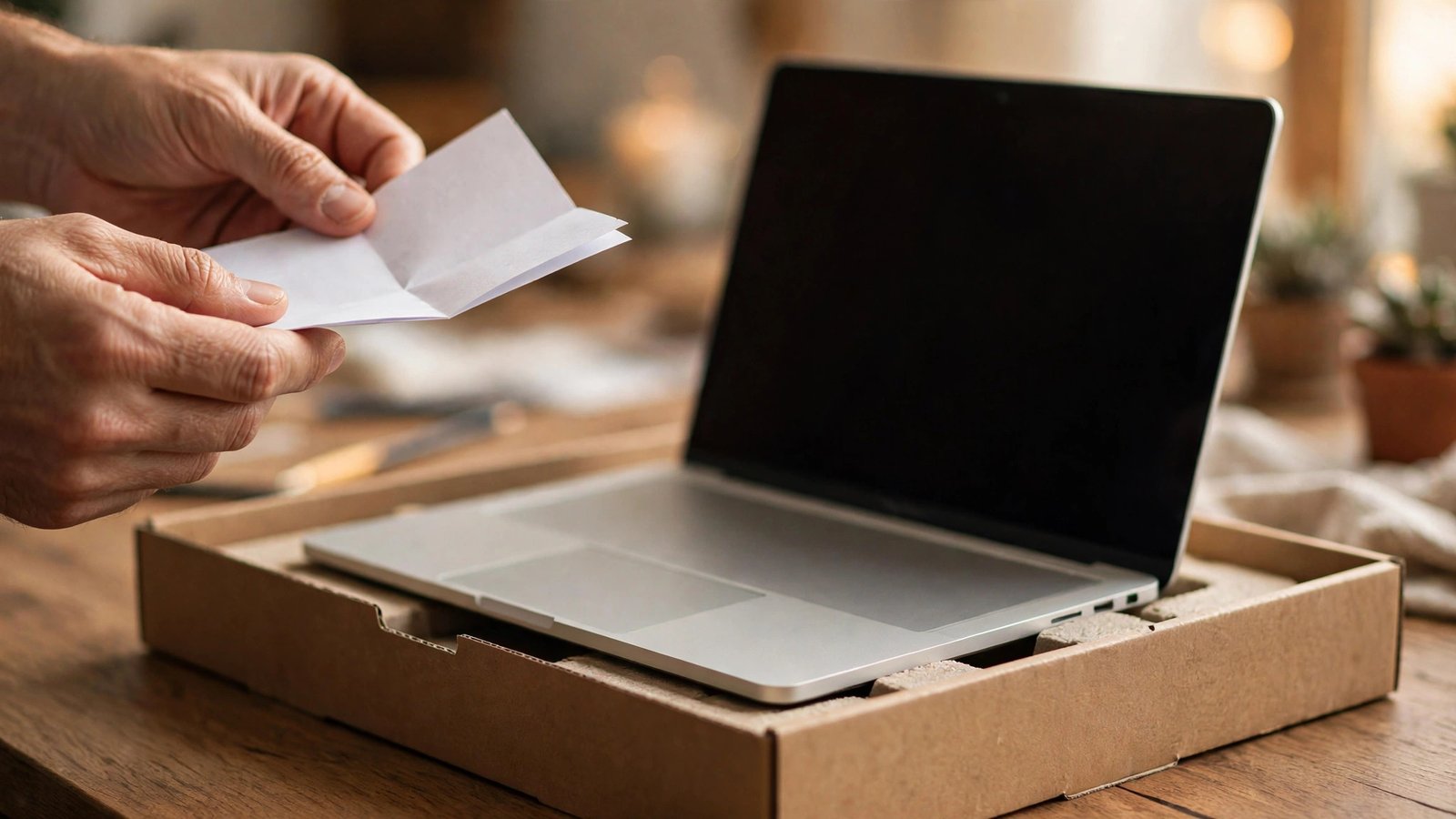 Close-up of hands holding a printed warranty document beside an open refurbished laptop in its box on a wooden desk