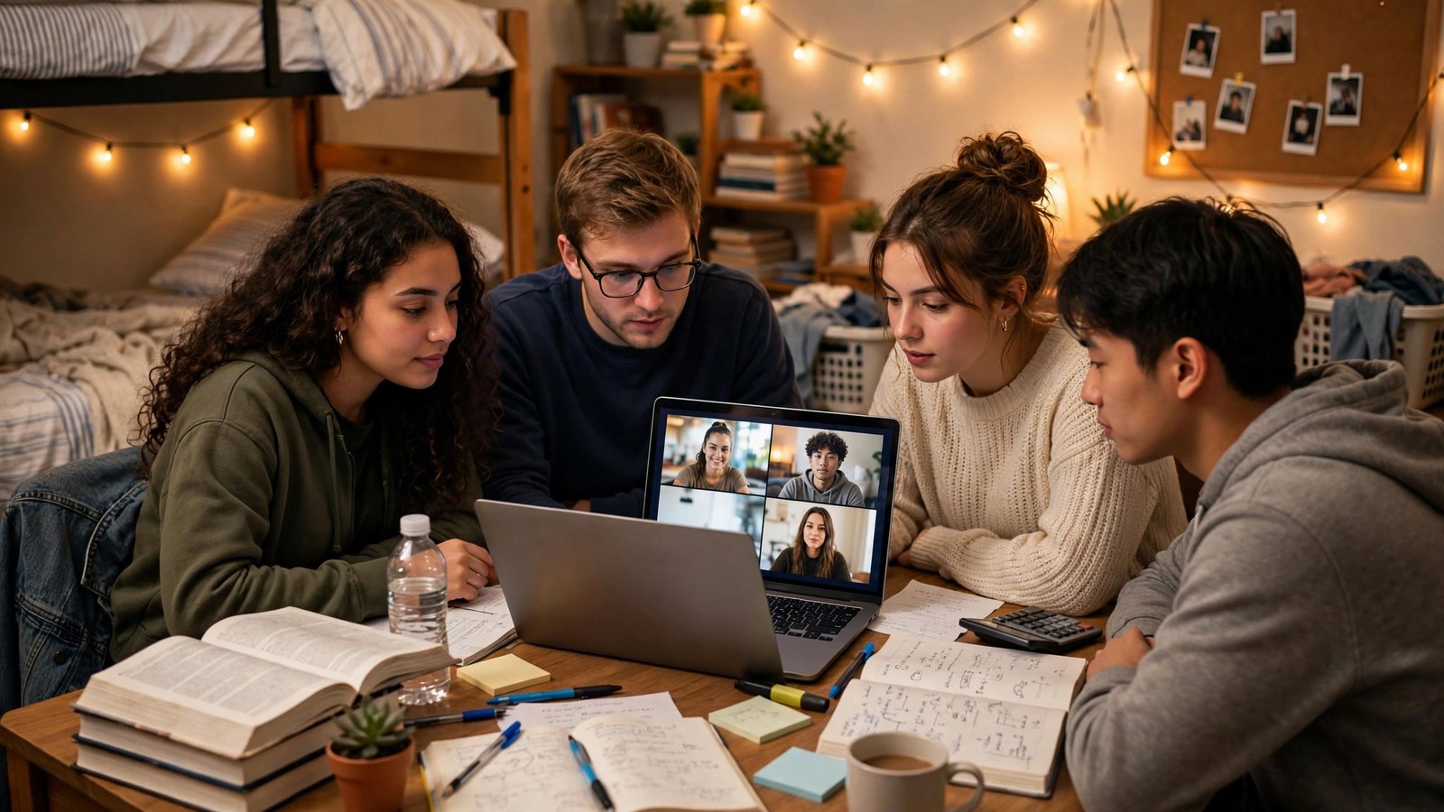 College students on a group video study call in a dorm room with textbooks and warm string lights