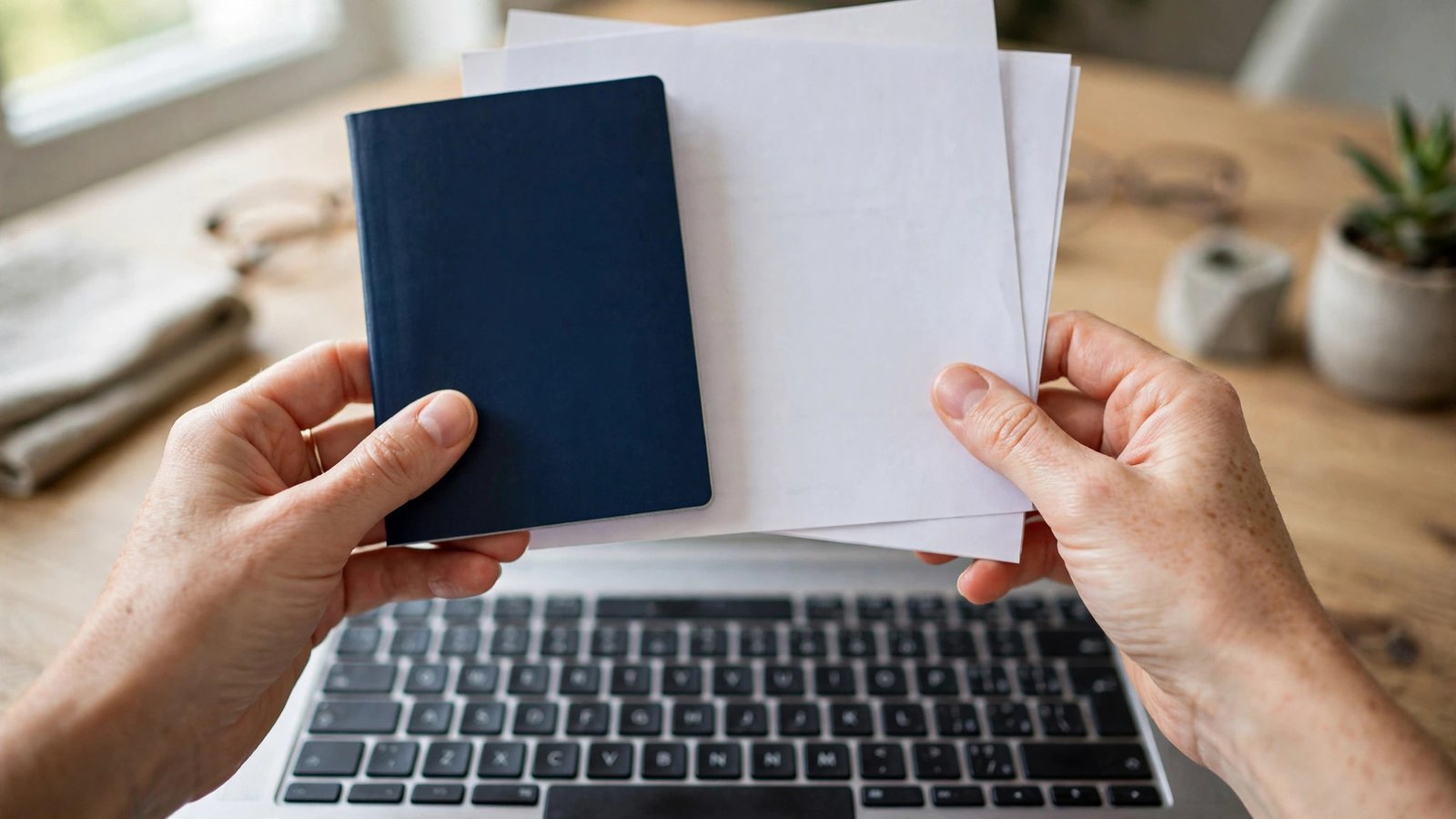 Hands photographing a passport and insurance papers on a home office desk to create an off-site email backup