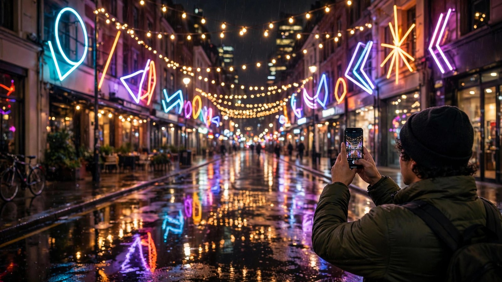 Vibrant nighttime city street glowing with colorful neon signs as a person holds up a smartphone to capture the scene, wet pavement reflections