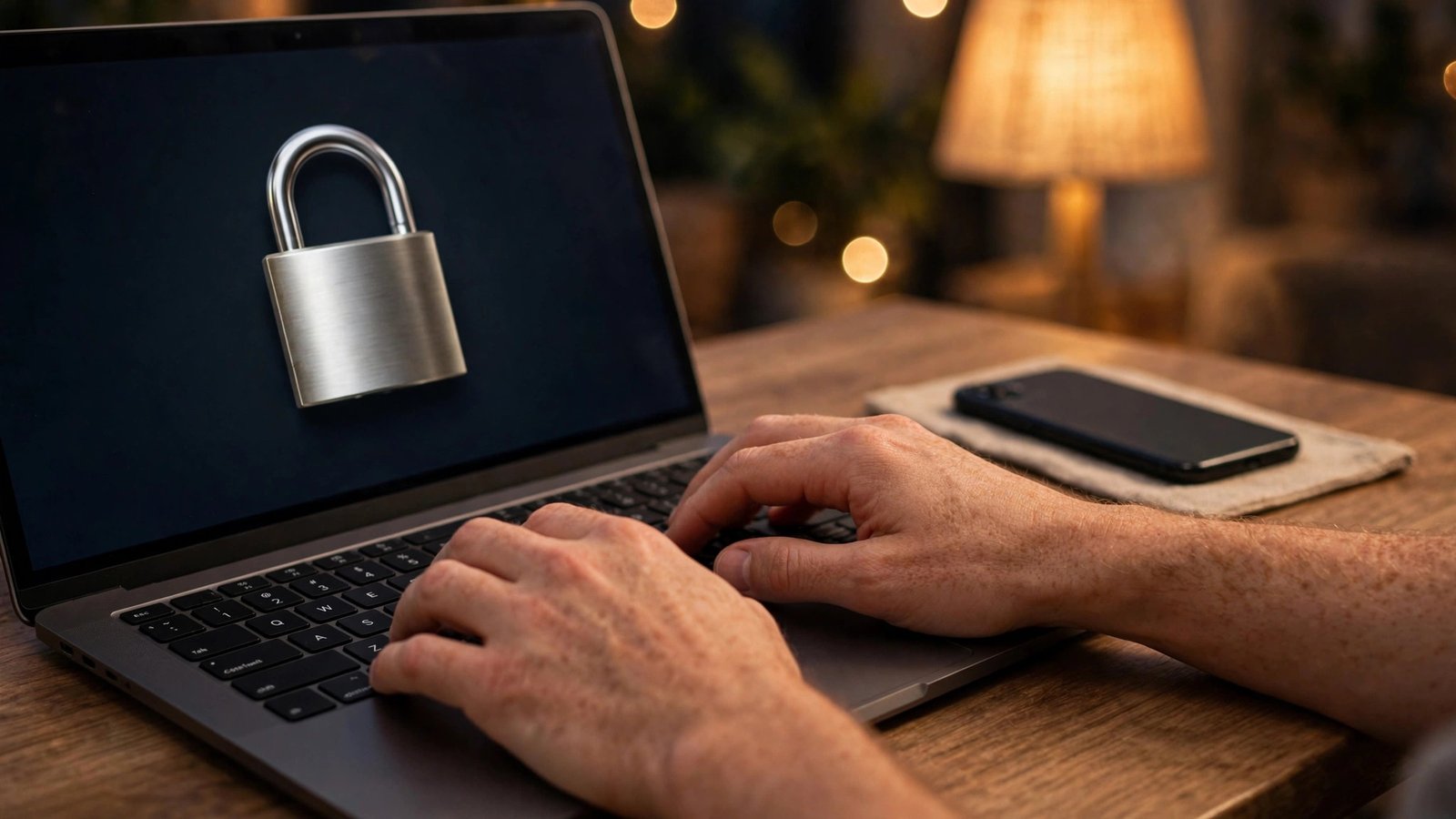 Close-up of hands typing on a laptop showing a large metallic padlock over a dark lock screen at a home desk in evening lamplight