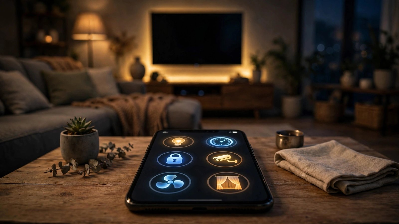 A smartphone on a coffee table showing a glowing smart home control interface, cozy living room with dimmed lamps and ambient LED glow behind the TV