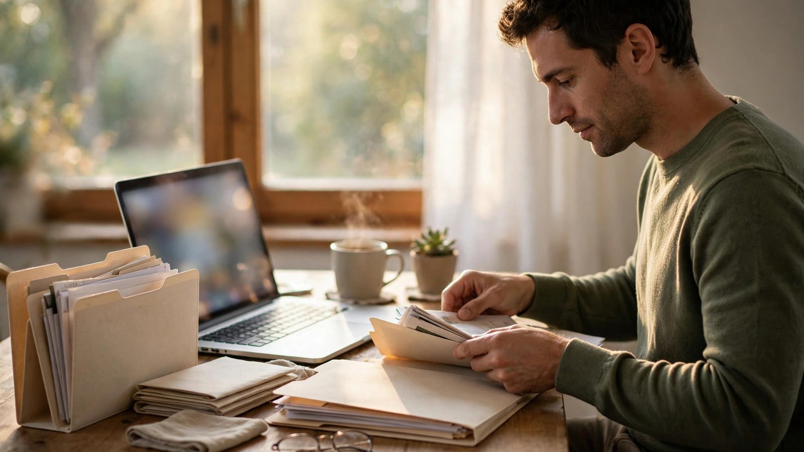 Person organizing email newsletters into folders on a laptop at a tidy home desk in warm morning light