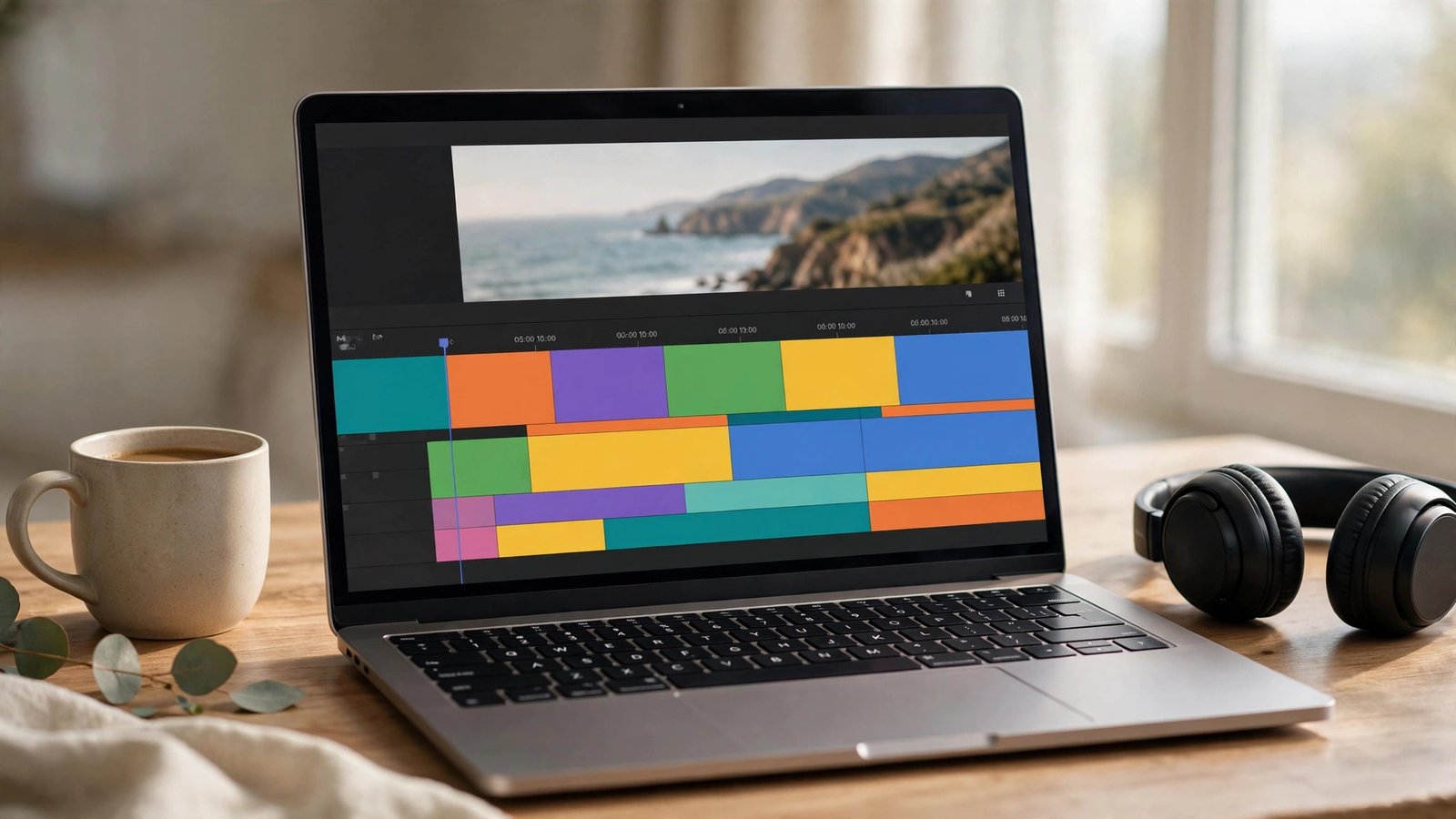 A laptop displaying a video editing timeline with headphones and a coffee mug beside it in soft window light