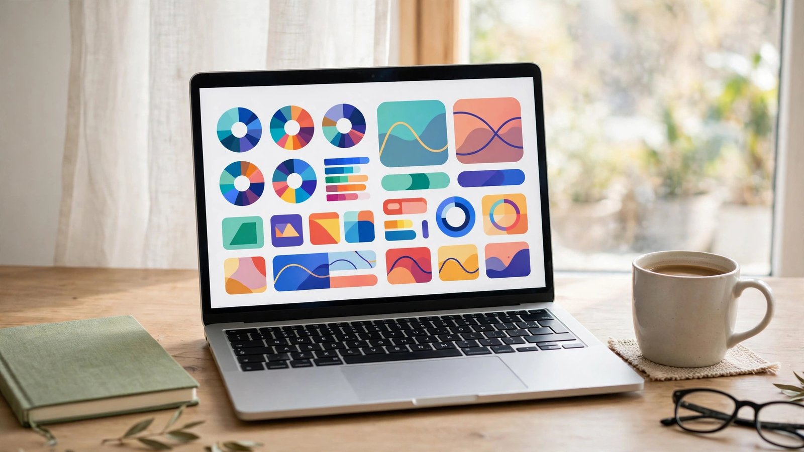 A laptop showing a colorful software dashboard on a bright home desk with coffee mug and notebook nearby