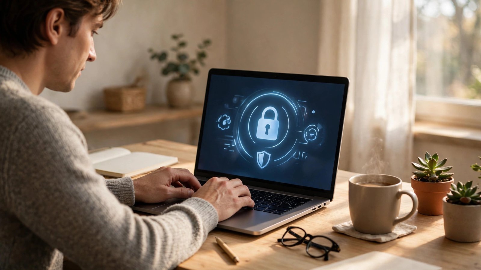 Person at a tidy home office desk setting up a password manager vault on a laptop, notebook and coffee mug nearby in warm window light
