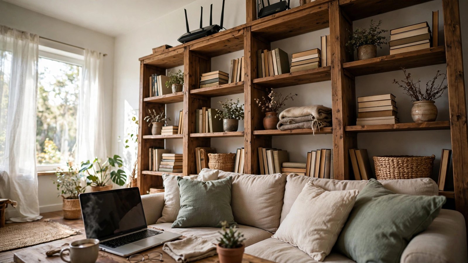 WiFi router sitting on a high wooden bookshelf in a cozy living room, elevated above the furniture, with a laptop and sofa below in natural daylight