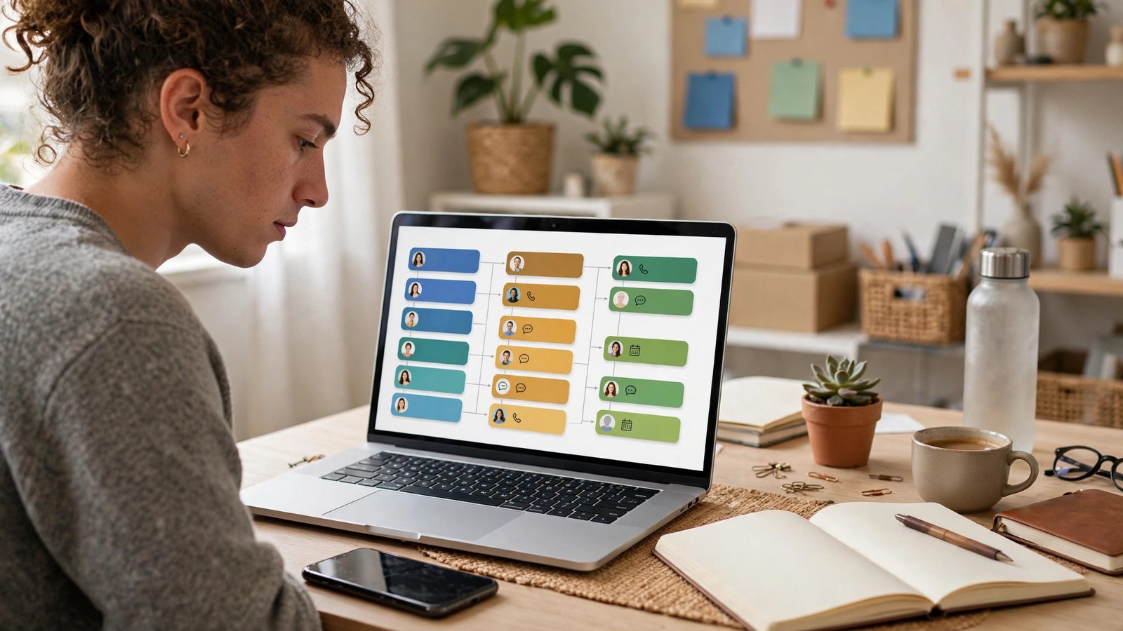 Freelancer at a bright desk reviewing a customer contact pipeline board on a laptop, smartphone and notebook nearby