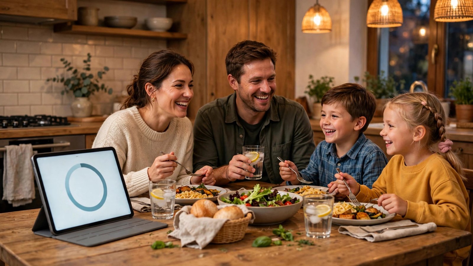 A family tablet propped on a dinner table showing a big friendly countdown timer, parents and two kids happily eating dinner together in a warm kitchen