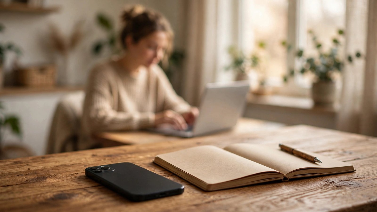 Smartphone lying face-down on a wooden desk beside a notebook while a person works calmly on a laptop in the background