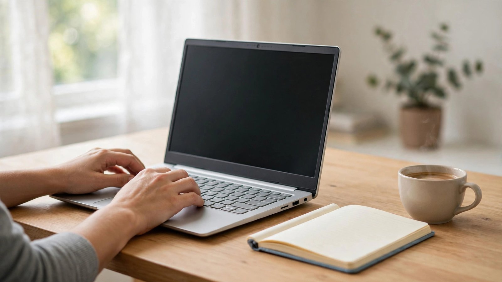 Slim silver budget laptop open on a clean wooden desk in a bright home office, hands typing on its keyboard, notebook and coffee cup beside it