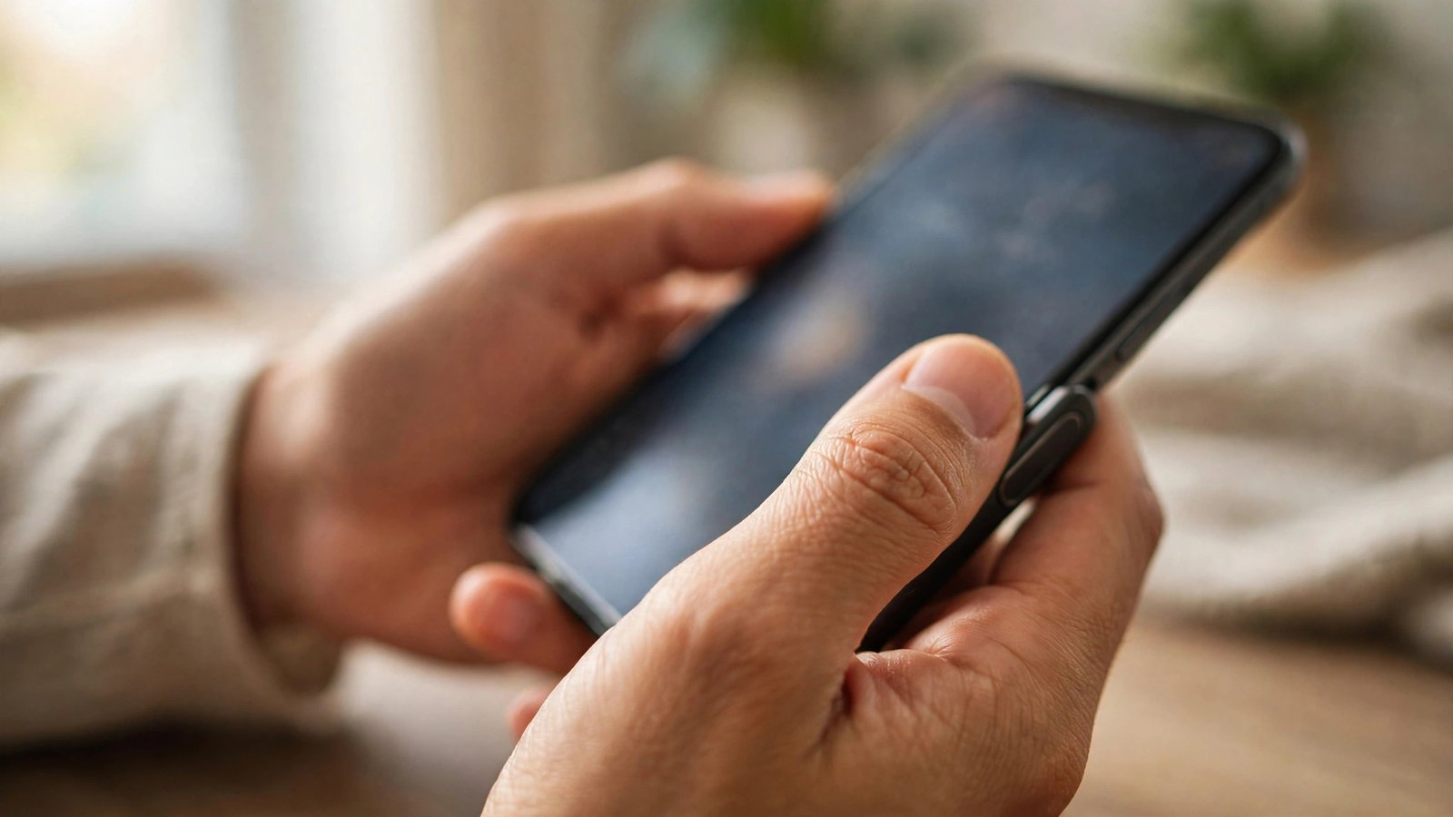 Close-up of hands holding a smartphone with a blurred lock screen, thumb resting on the fingerprint sensor