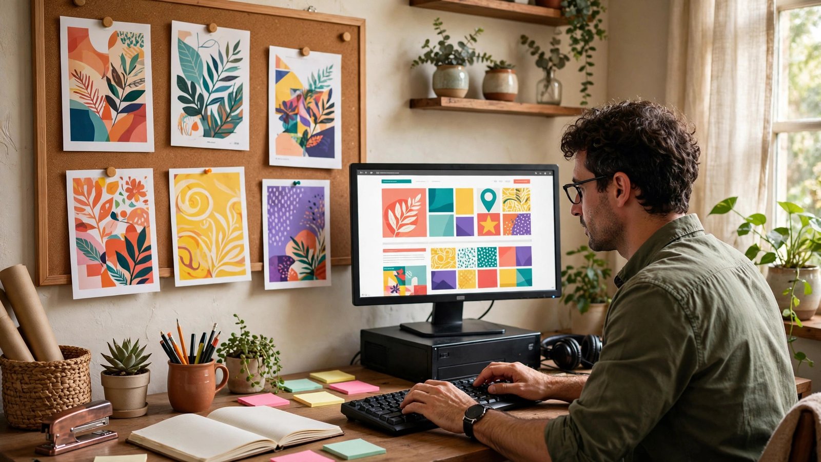Small business owner drafting a colorful email newsletter on a desktop computer in a cozy home office with marketing flyers on a corkboard