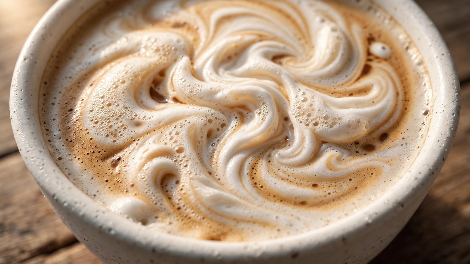Extreme macro close-up of latte art foam texture in a white ceramic coffee cup on a wooden cafe table in warm morning light