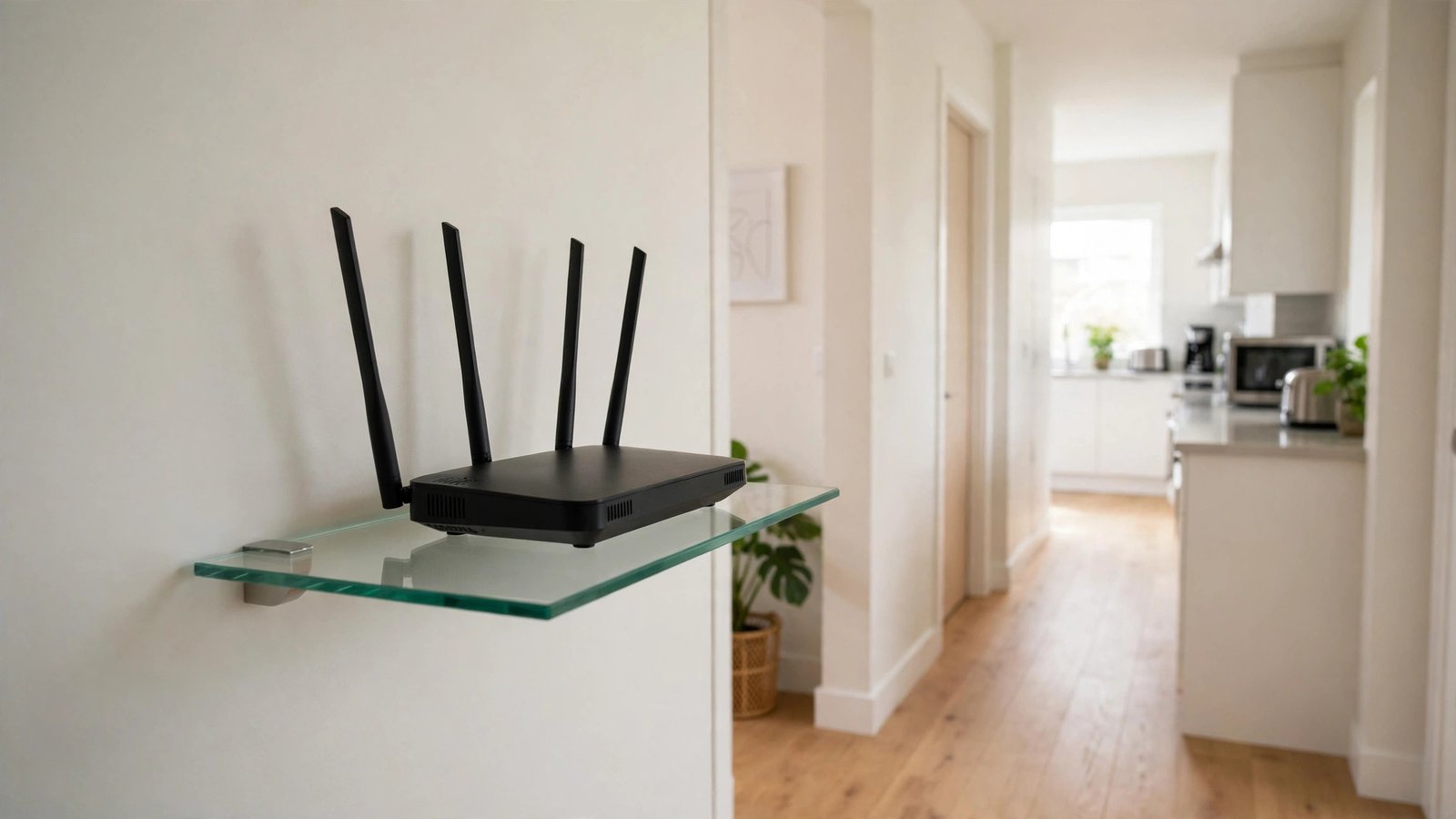 WiFi router placed on a clear shelf in a hallway, far from a kitchen microwave and electronics, tidy home interior with breathing room around the device