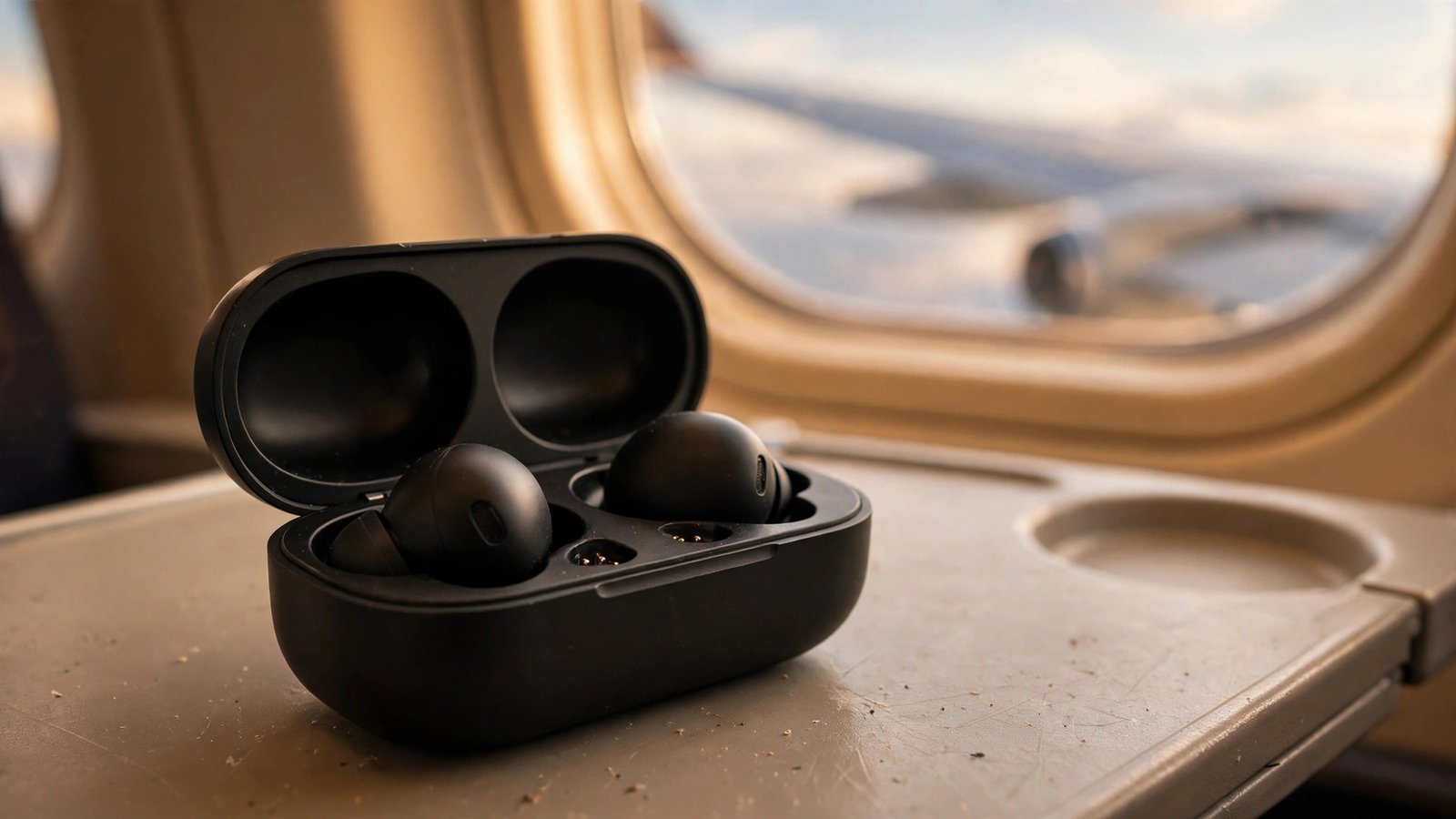 Close-up of black wireless noise-canceling earbuds in an open charging case on an airplane tray table with a blurred airplane window behind