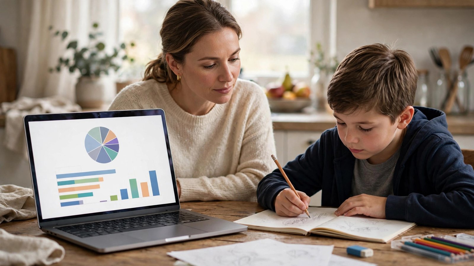 A mother reviewing a parental monitoring dashboard on a laptop at a kitchen table while her school-age son does homework beside her in soft daylight