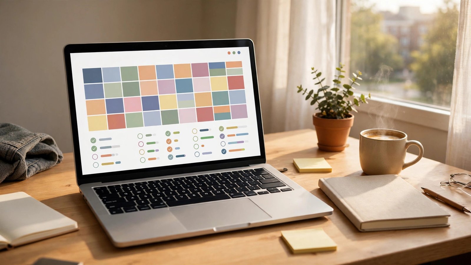 College student organizing their semester with a digital planner dashboard on a laptop at a dorm desk in warm morning light