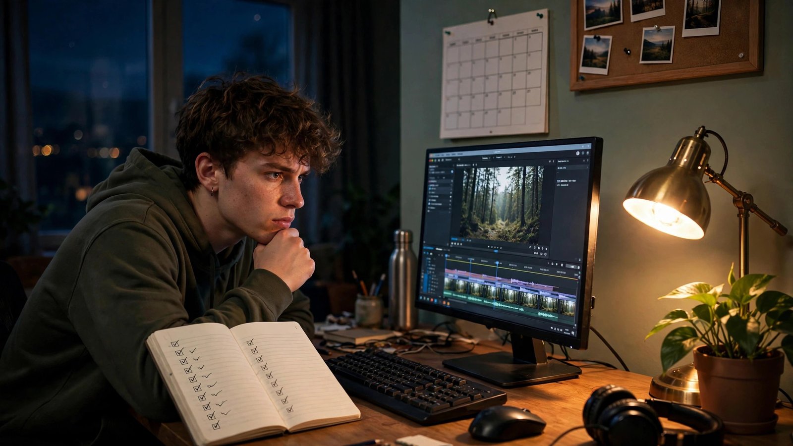 A determined creator reviewing footage at a home office desk late in the evening, notebook with checkmarks beside the keyboard