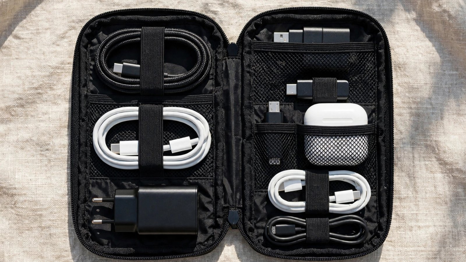 Open travel tech organizer pouch laid flat showing neatly arranged cables, chargers, earbuds and adapters in elastic pockets