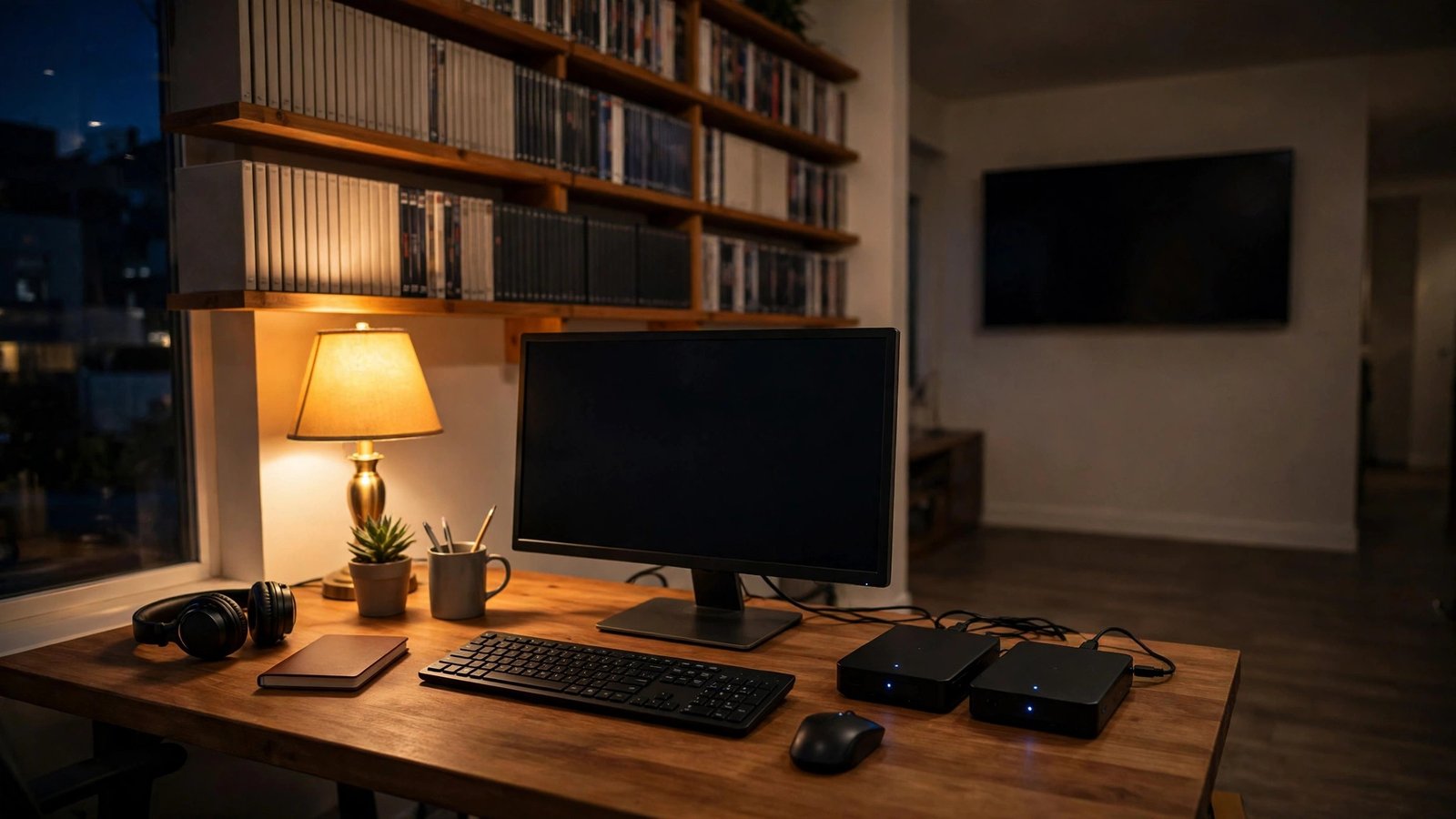 A home office corner with a desktop computer and external hard drives, DVD shelves on the wall, and a TV across the room in warm lamplight
