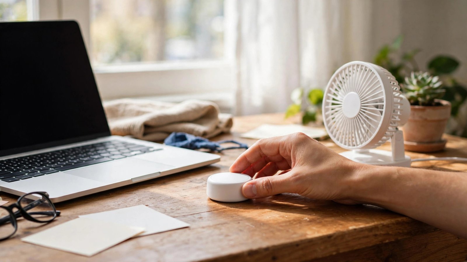 A small white wireless temperature sensor on a wooden home office desk beside a laptop and fan in bright daylight