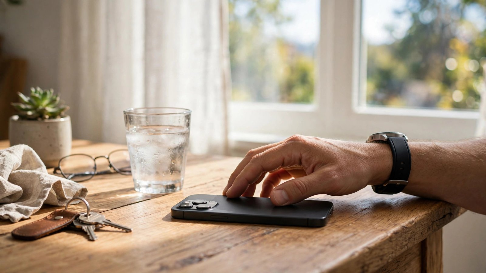 A confident person's hand placing a smartphone face-down on a wooden desk after ending a scam call