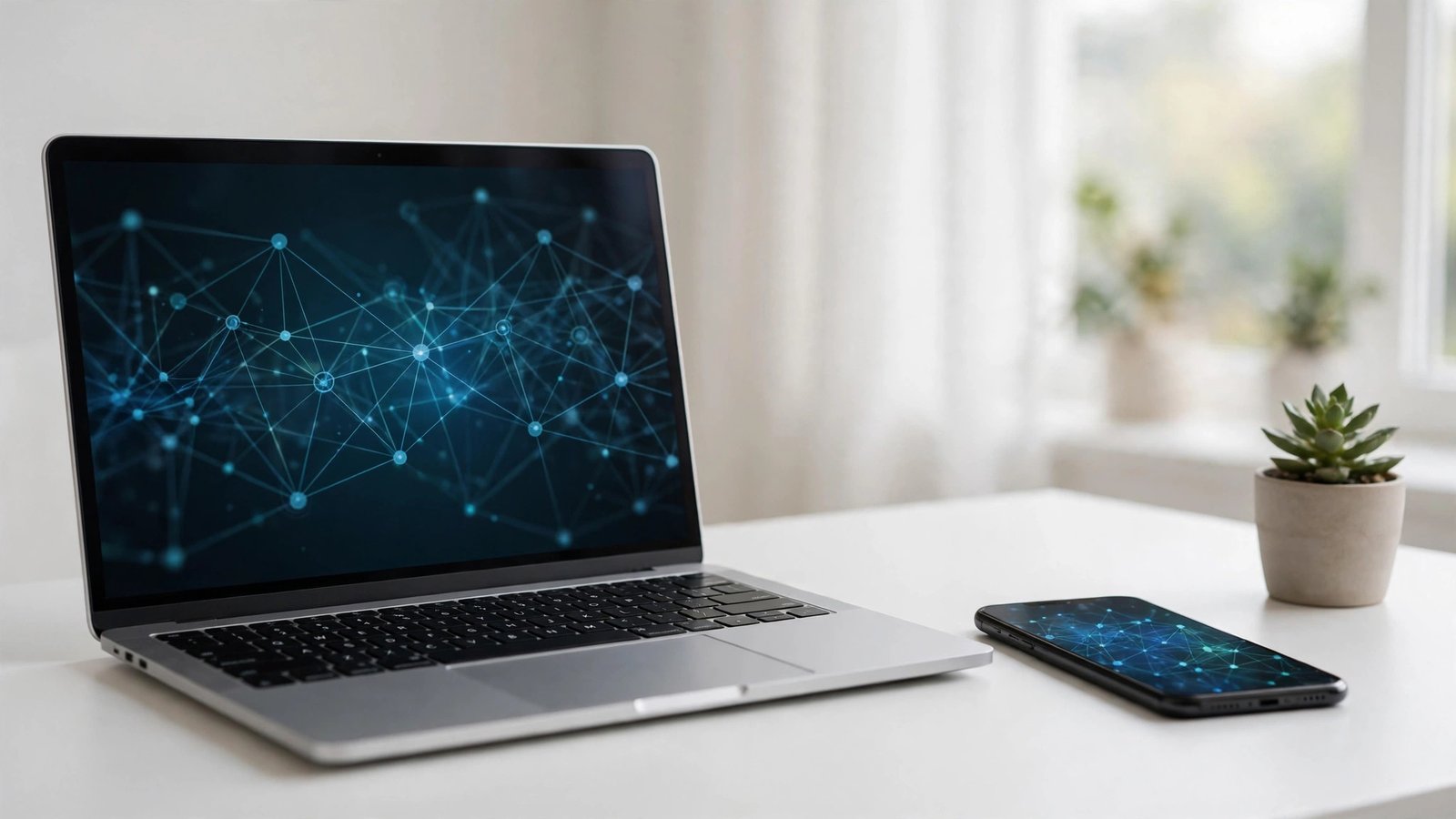 Sleek modern laptop on a minimalist desk next to a smartphone, bright clean room with a small plant