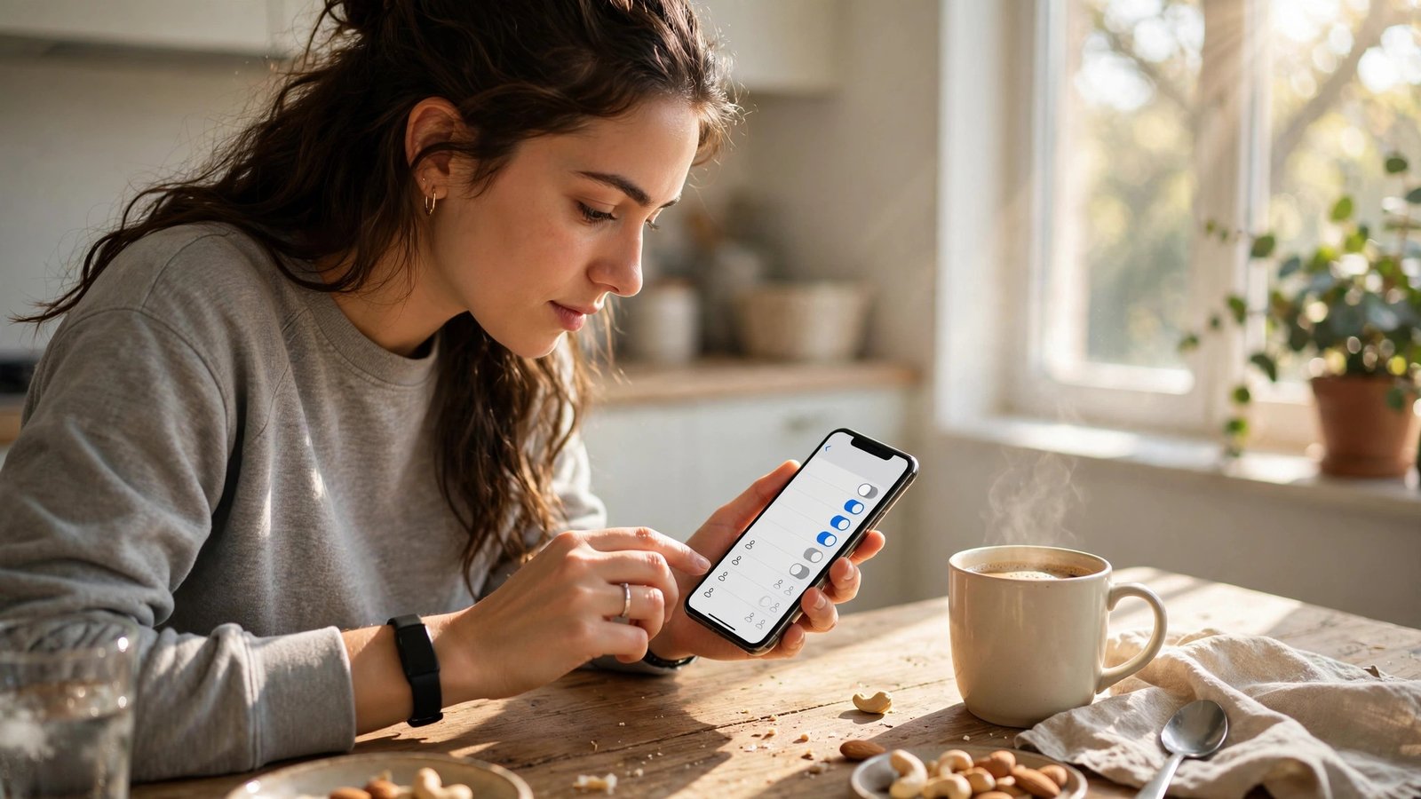 Person checking contact sync settings on a smartphone at a kitchen table in bright morning light